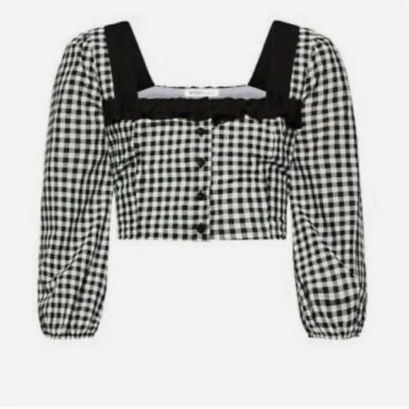 BCBGeneration Crop Top Ruffled Gingham Black White Blouse Top Shirt Sz S NWT $78 - Picture 2 of 13